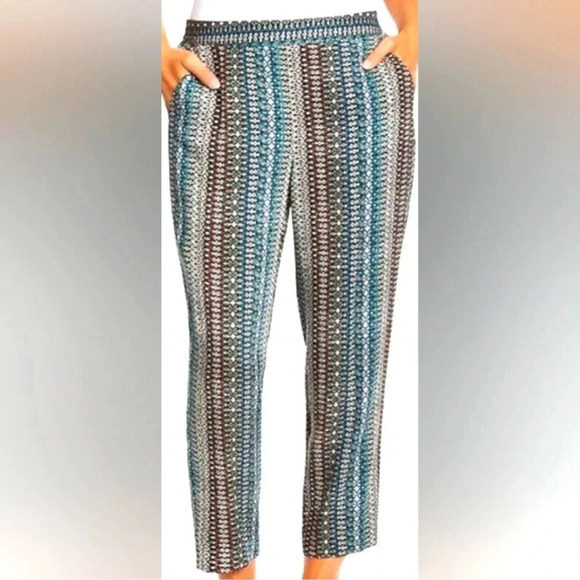 Jessica Simpson Pants Cropped Teal Green Brown Geometrical Print Pull on M - Picture 1 of 10